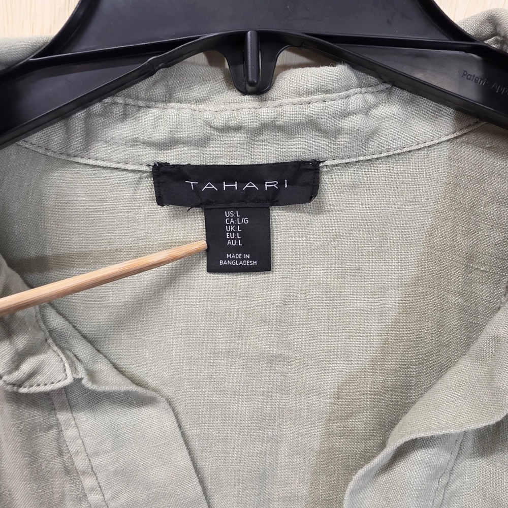 Tahari Linen Tunic Top Sage Green 3/4 Sleeve V-Neck Blouse Large - Picture 4 of 13